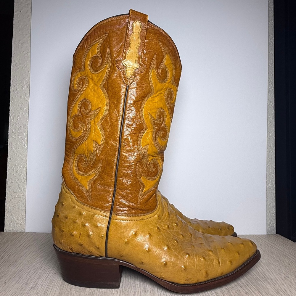 Rudel Mens Full Quill Ostrich Leather Western Cowboy Boots Tan 10 EE Linea 1144‎